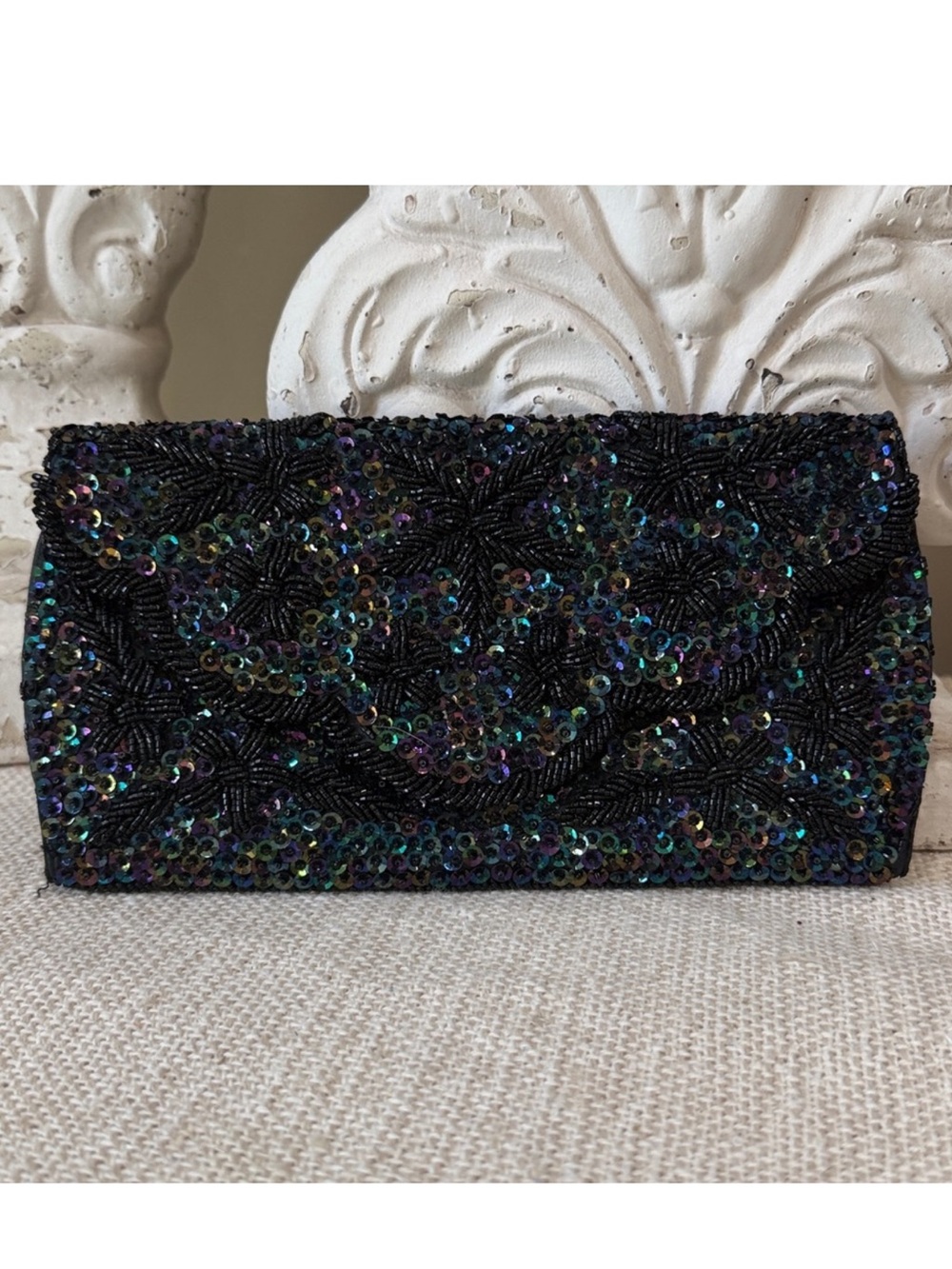 Vintage Handmade in British Hong Kong Black Iridescent Sequin Evening Clutch